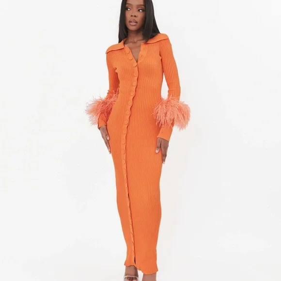 Elegant Orange Long Sleeve Maxi Dress - Picture 3 of 3